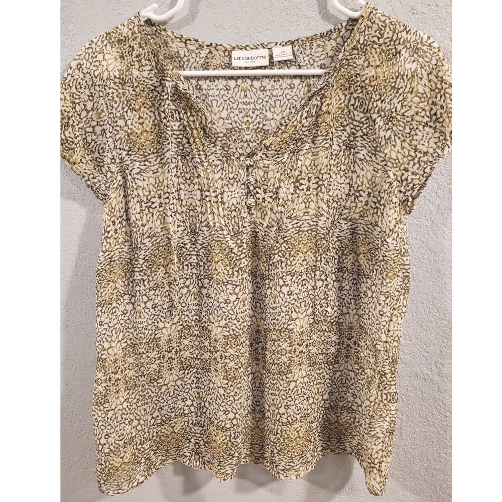 Liz Claiborne Petite Olive Green Abstract Print Short Sleeve V-Neck Blouse PS